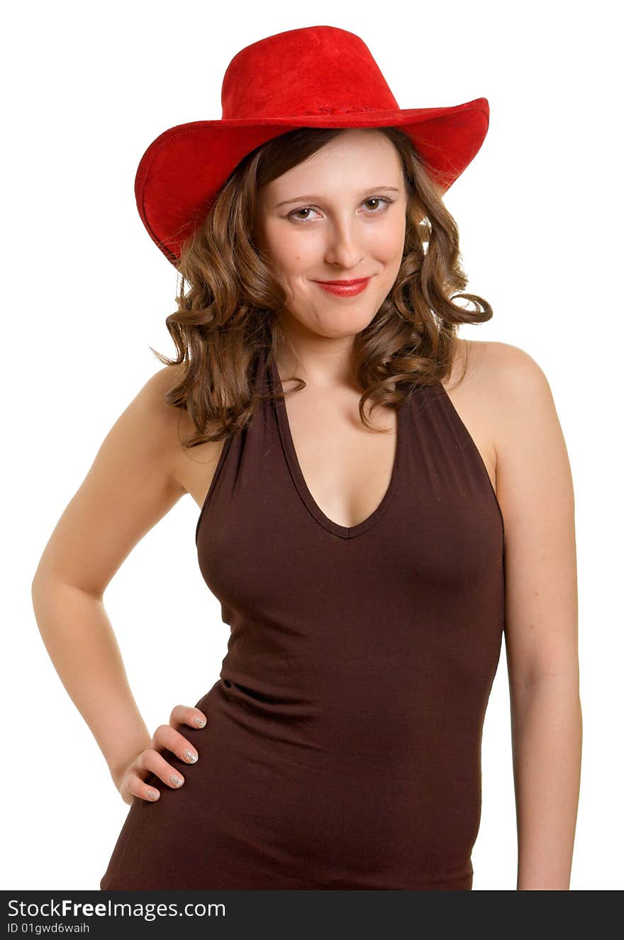 Beautiful girl in a dress and red hat. Beautiful girl in a dress and red hat