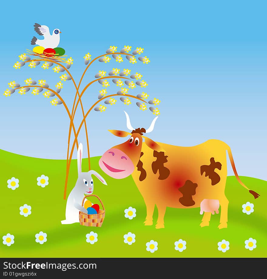 An easter rabbit gives a cow an easter egg