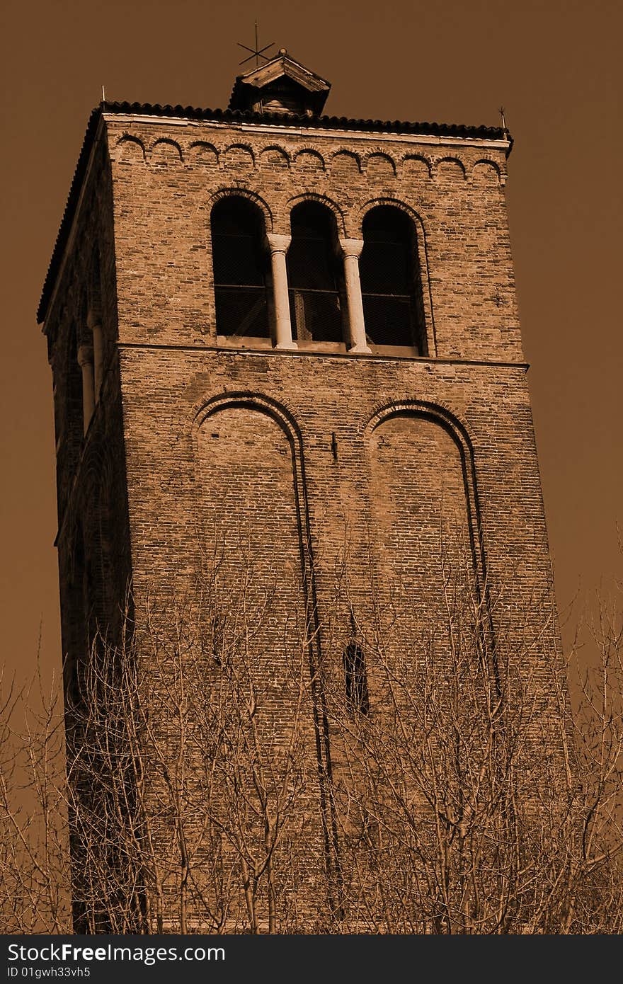 An old desolated church tower. An old desolated church tower