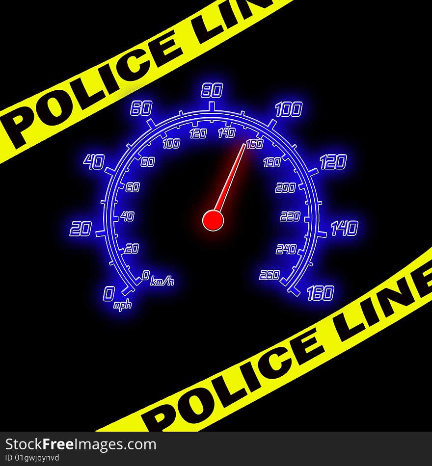 Police line and speedometer on the black