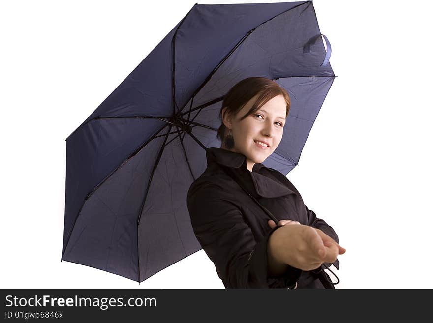 Woman with umbrella on a white background