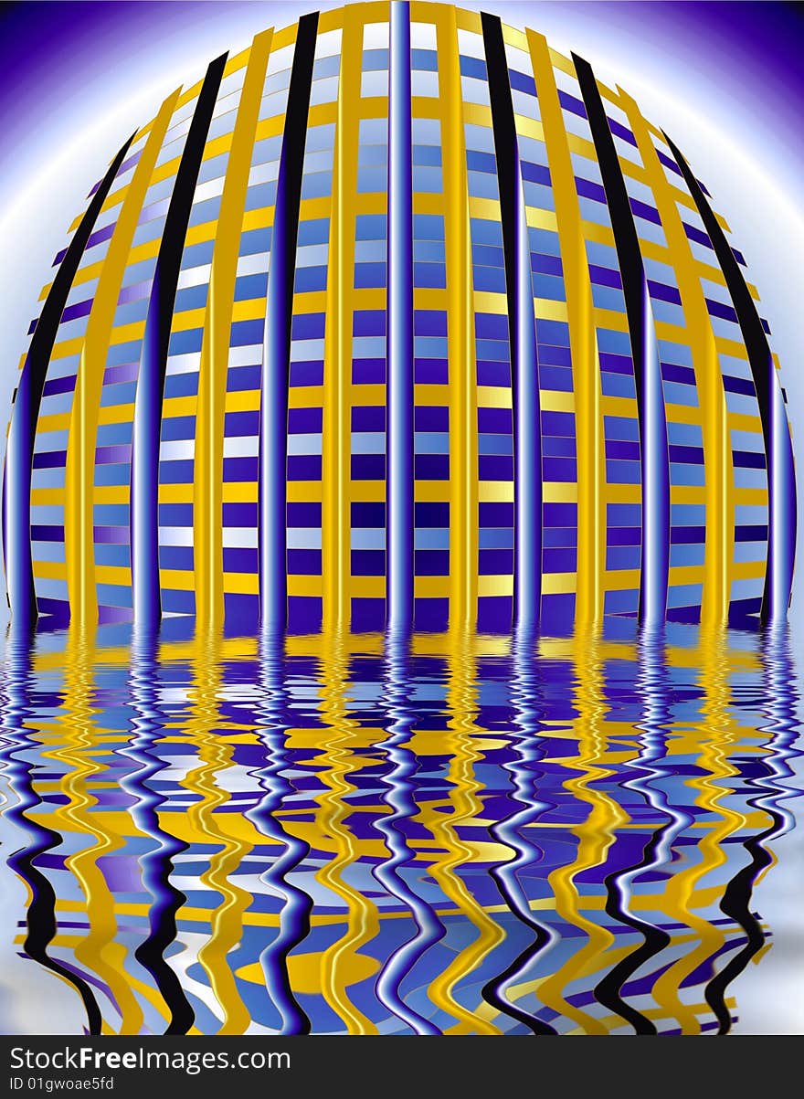 Golden and blue lines intertwined into a oval weave.. reflecting in the water, like communication data over optical wires. Golden and blue lines intertwined into a oval weave.. reflecting in the water, like communication data over optical wires