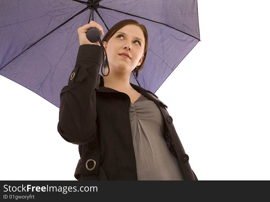 Woman with umbrella on a white background