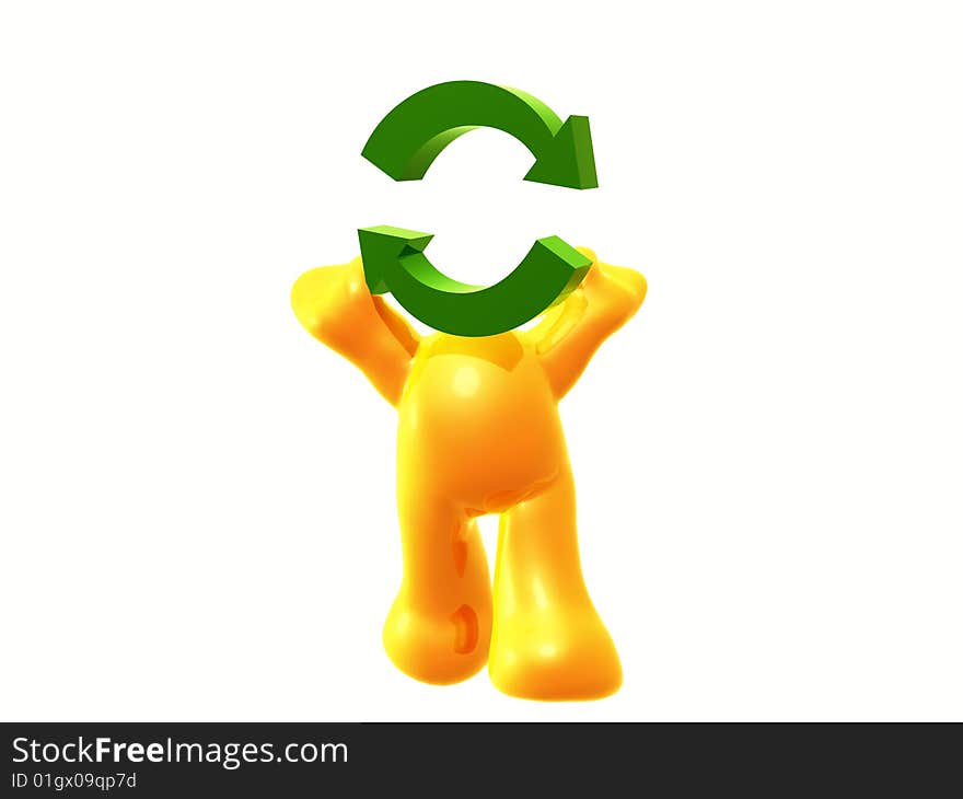 Yellow figure standing on recycle arrow sign. Yellow figure standing on recycle arrow sign