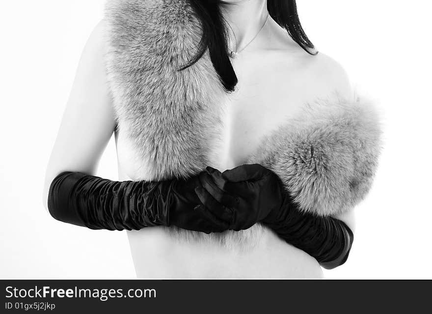 Portrait of young beautiful brunette on a white background