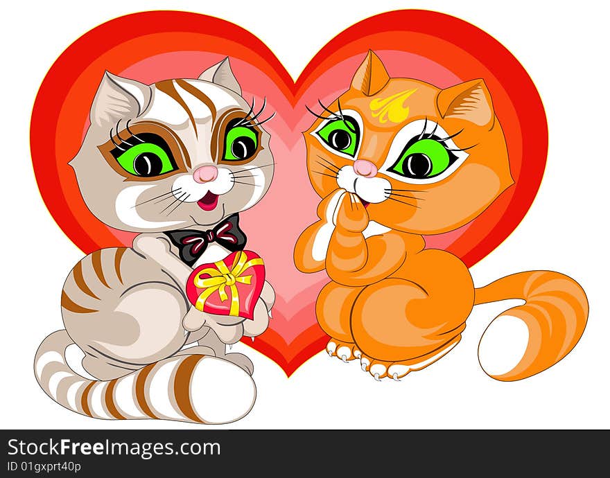 The grey cat gives a red cat in a gift heart. The grey cat gives a red cat in a gift heart