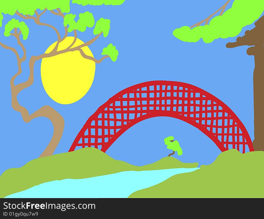 Oriental landscape with traditional bridge