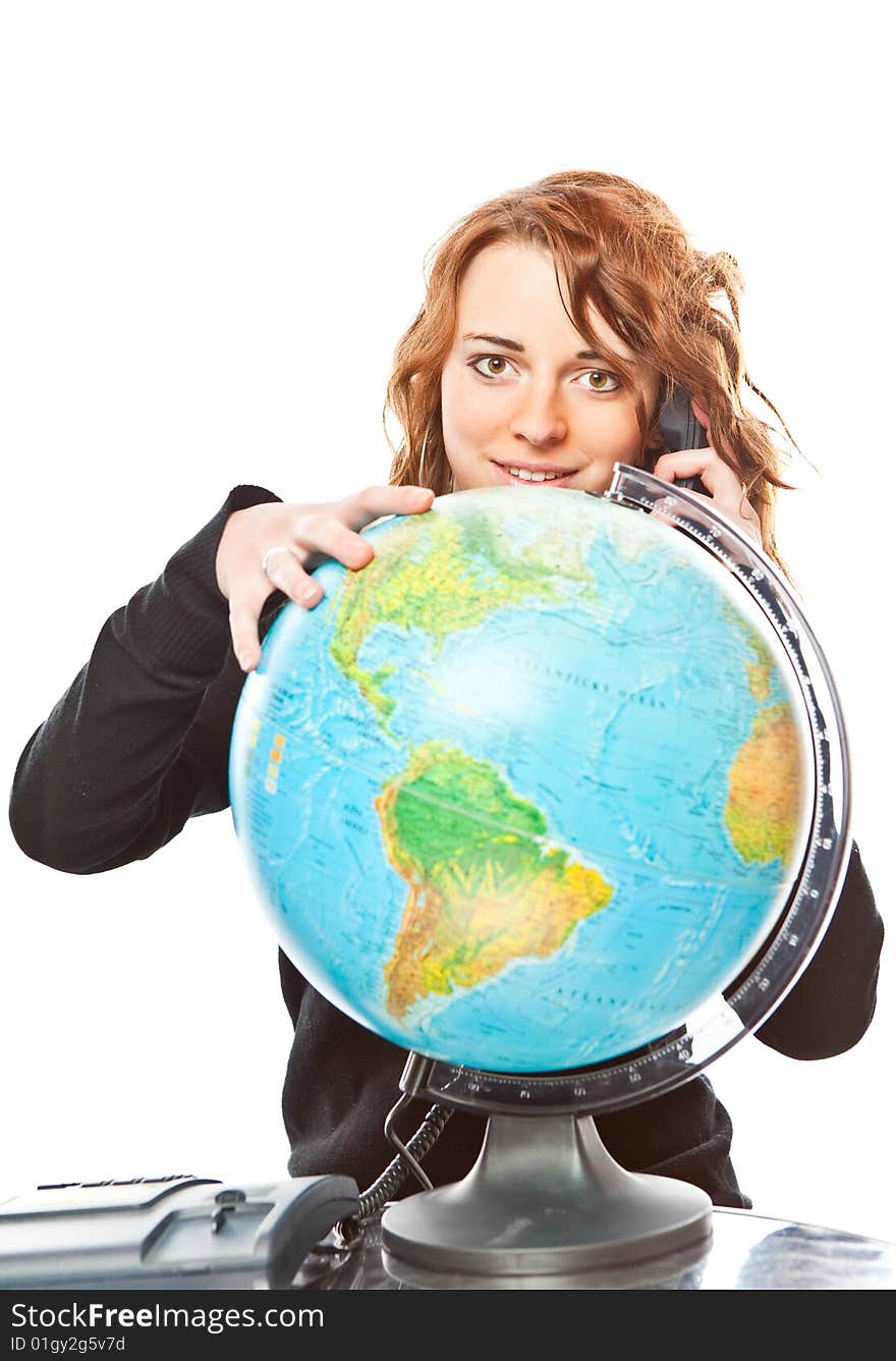 Business woman with globe