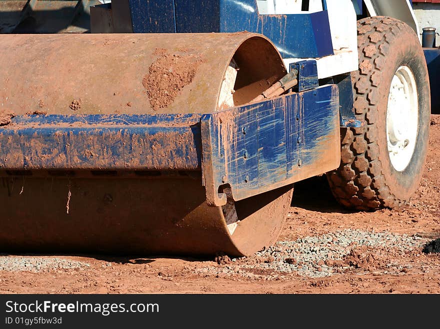 A steamroller at a construction site