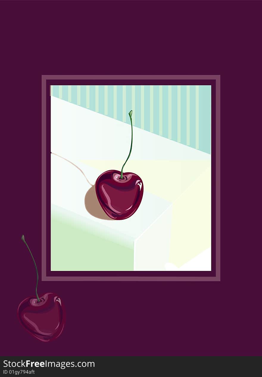 A cherrry on the table in a cherry frame. A cherrry on the table in a cherry frame