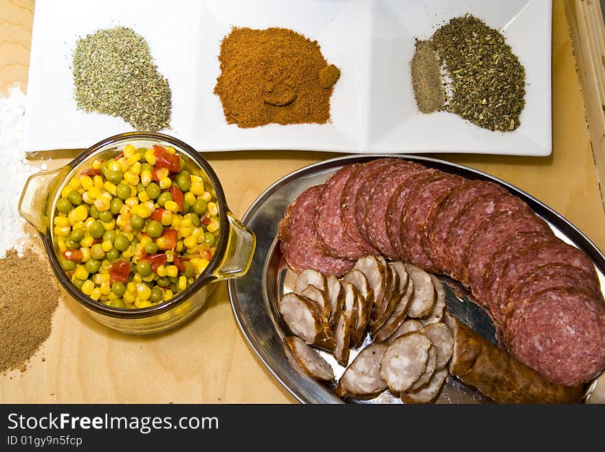 Herbs, salad and meat ready to prepare tasty dish. Herbs, salad and meat ready to prepare tasty dish