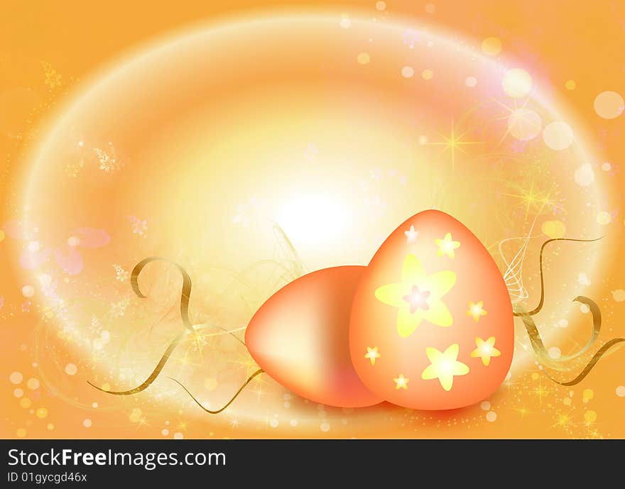 Easter background, in orange-yellow glad tones, with eggs and colors. Enough available space is for inscriptions.