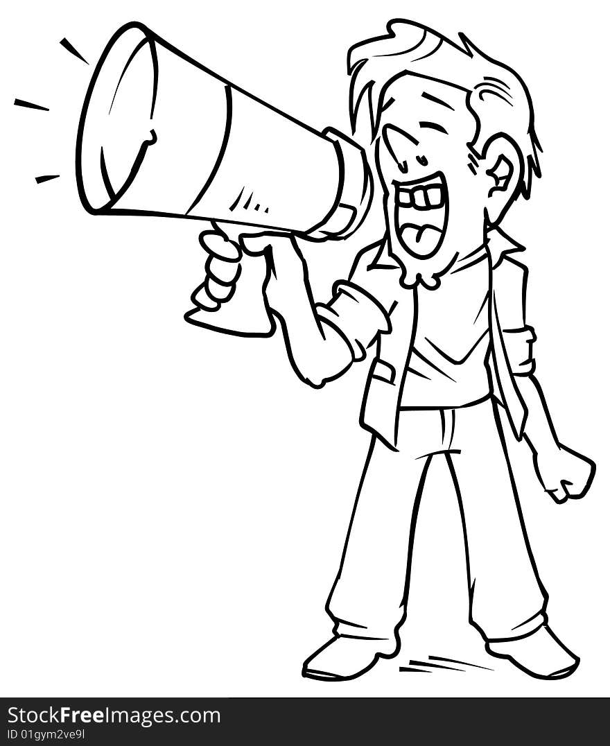 Cartoon man shouting into a megaphone. Outline only. Cartoon man shouting into a megaphone. Outline only.