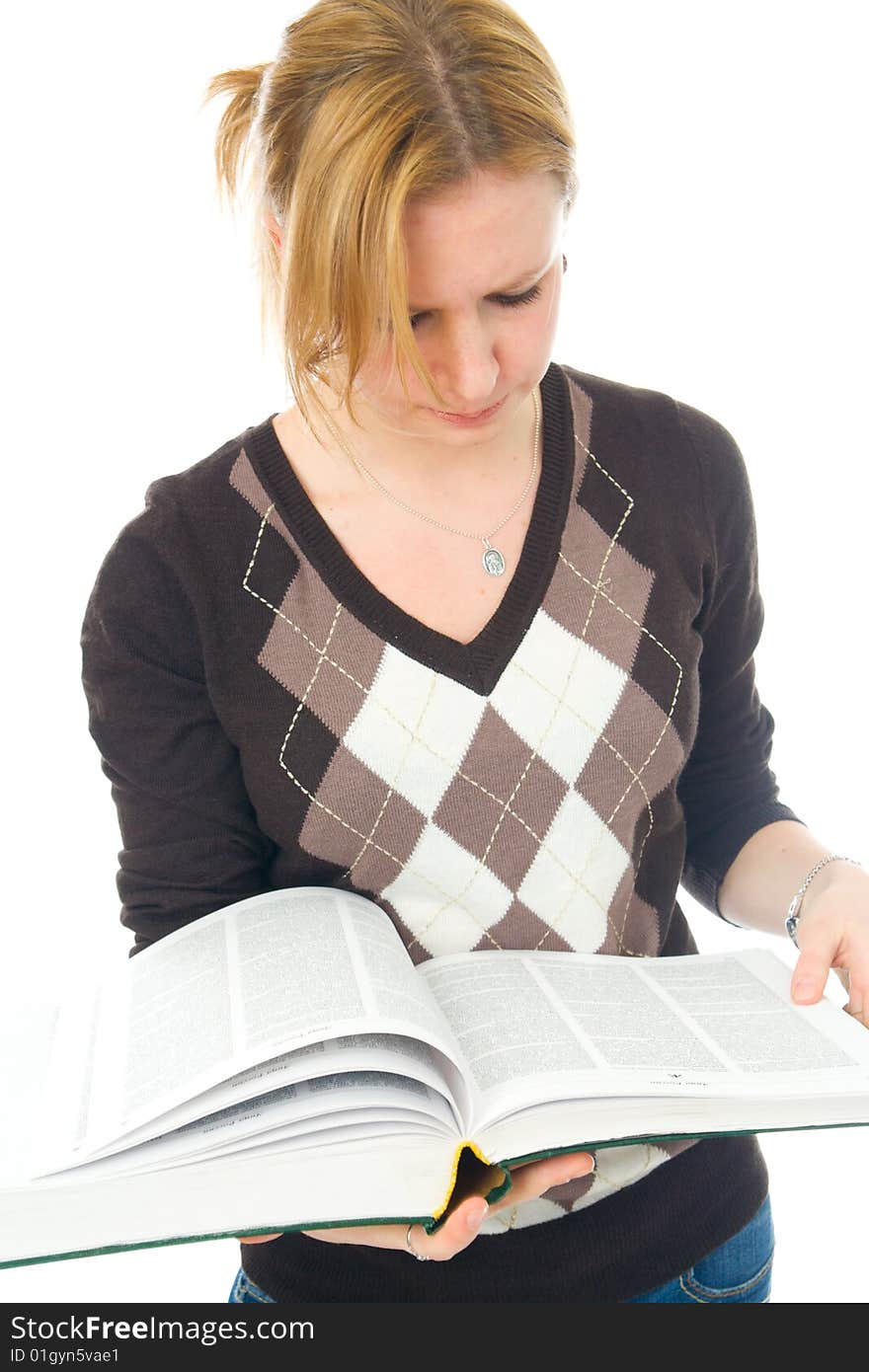 The young student with the books isolated on a white background