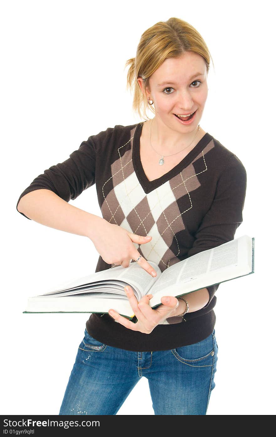 The young student with the books isolated on a white background