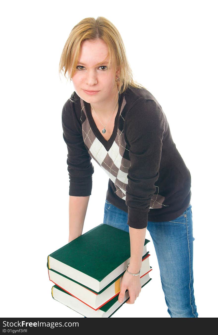 The young student with the books isolated on a white background