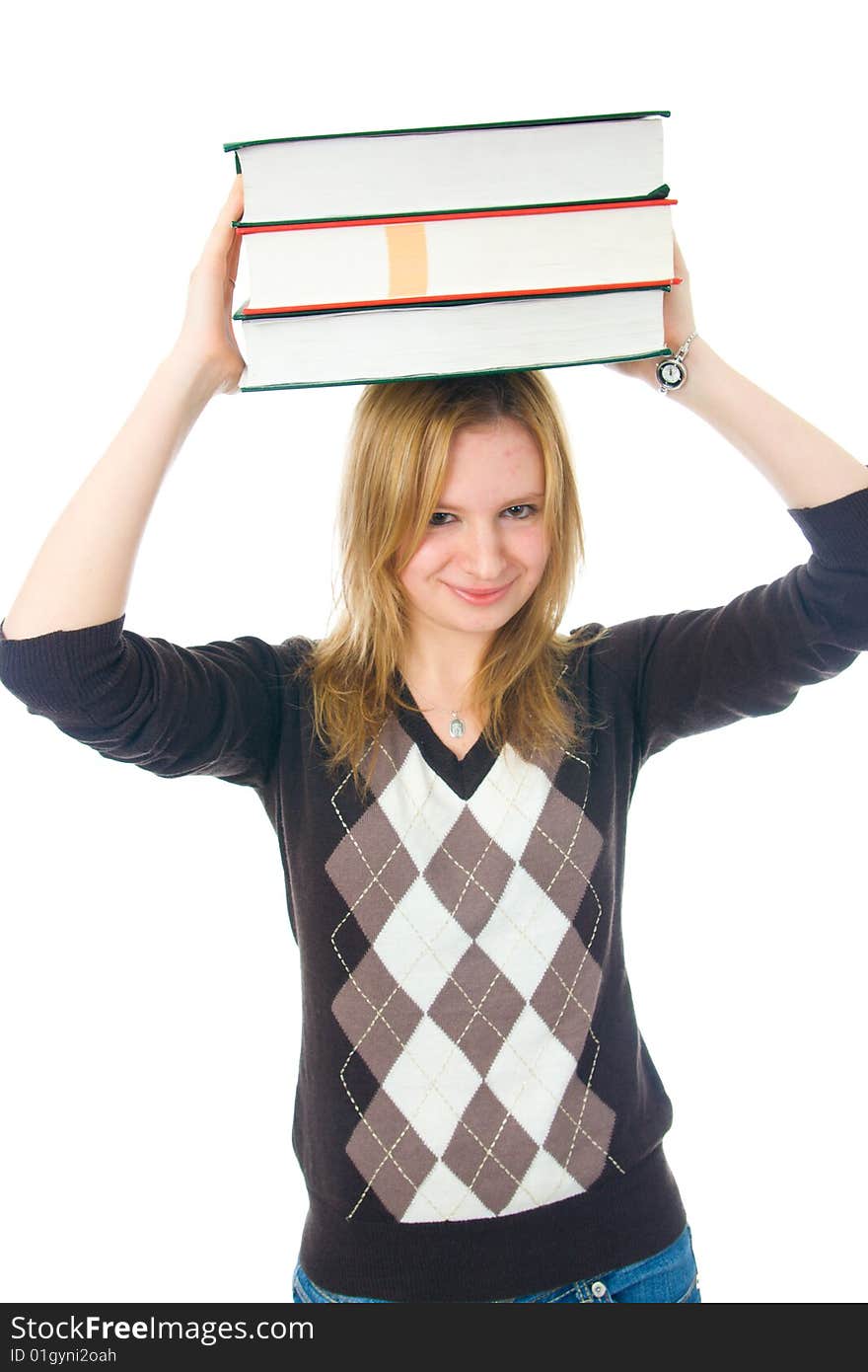 The young student with the books isolated on a white background