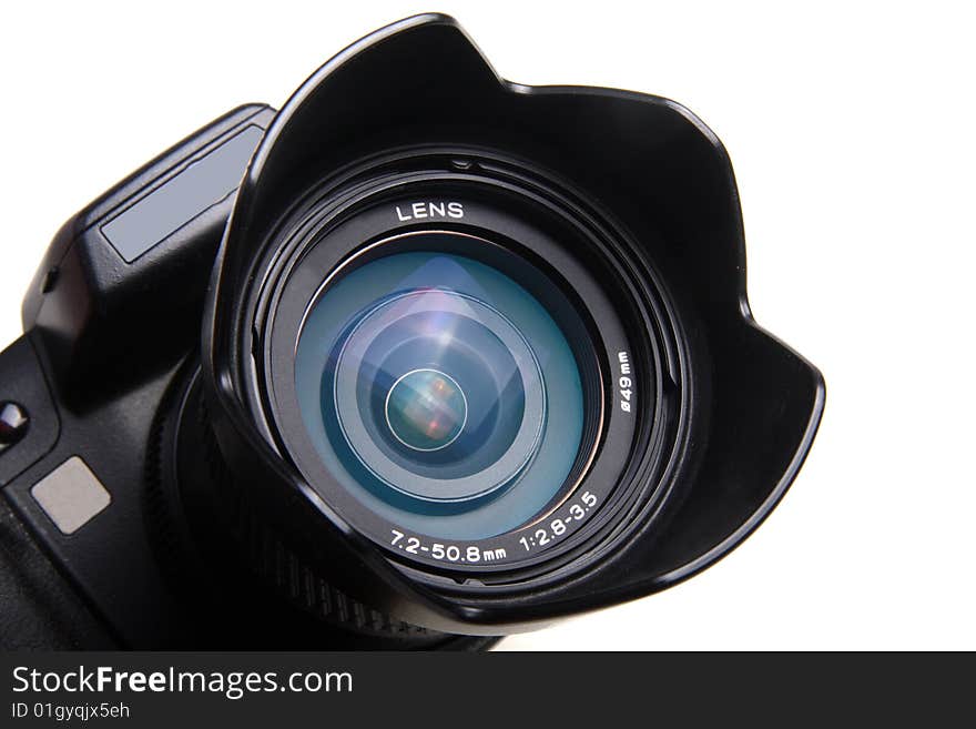 Closeup of a digital camera on white background. Closeup of a digital camera on white background