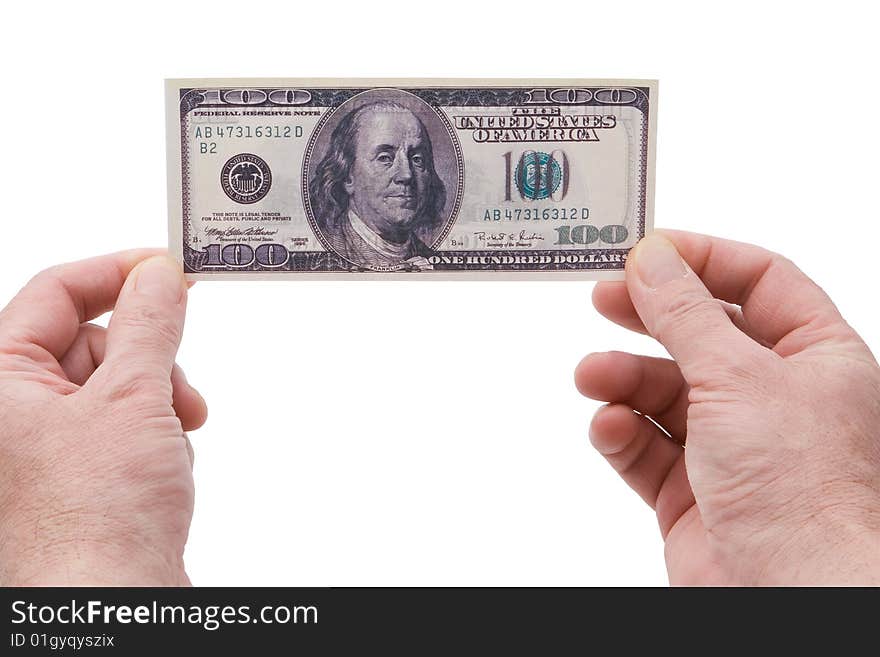 Hand with american dollars isolated on white