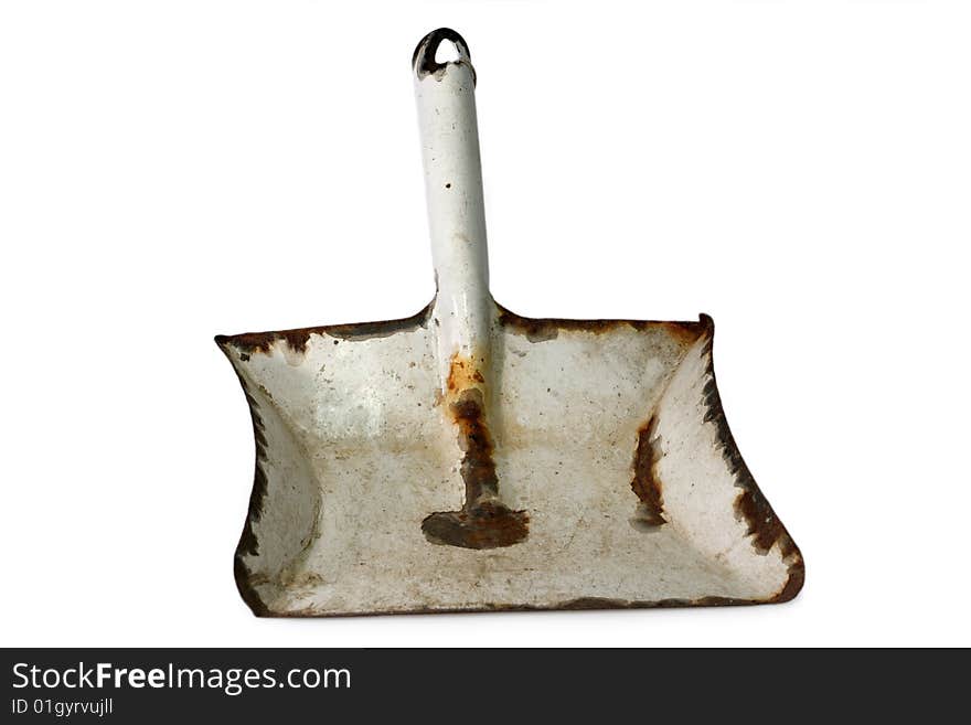 Old used broom in metal dustpan on white background. Old used broom in metal dustpan on white background