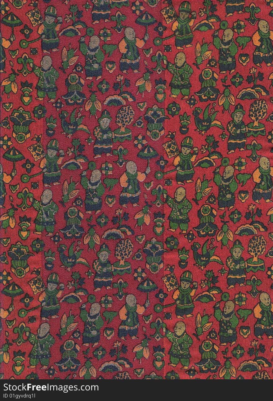 Chinese fabric sample in red and colors.