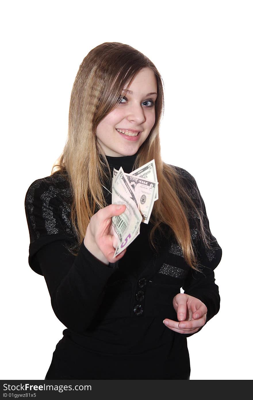 The girl holds money in hands. The girl holds money in hands