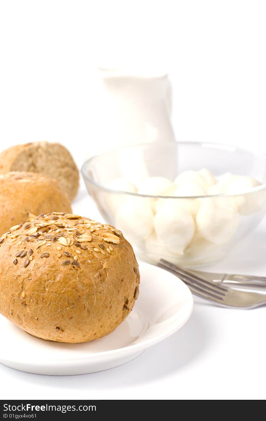 Bread and mozzarella closeup on white