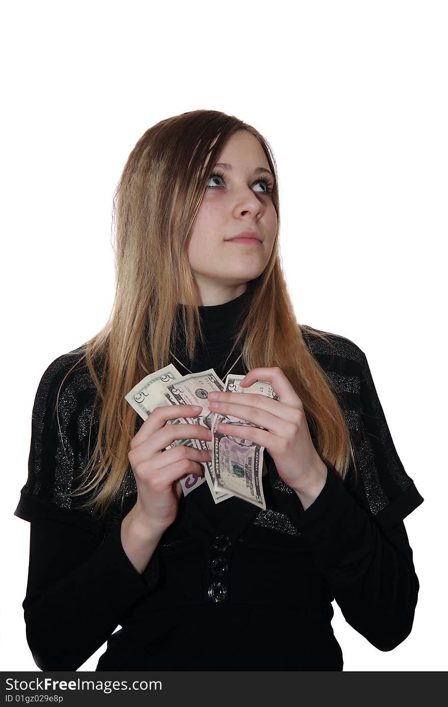 The girl holds money in hands. The girl holds money in hands