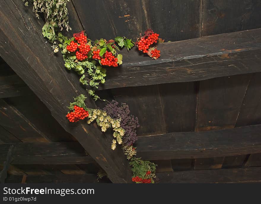 An old wooden slat ceiling with exposed beams