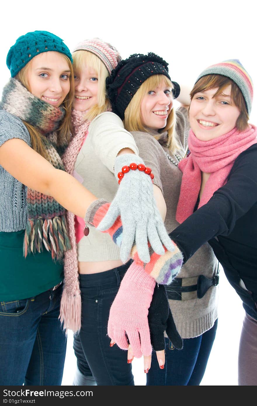 Four attractive girls isolated on a white background