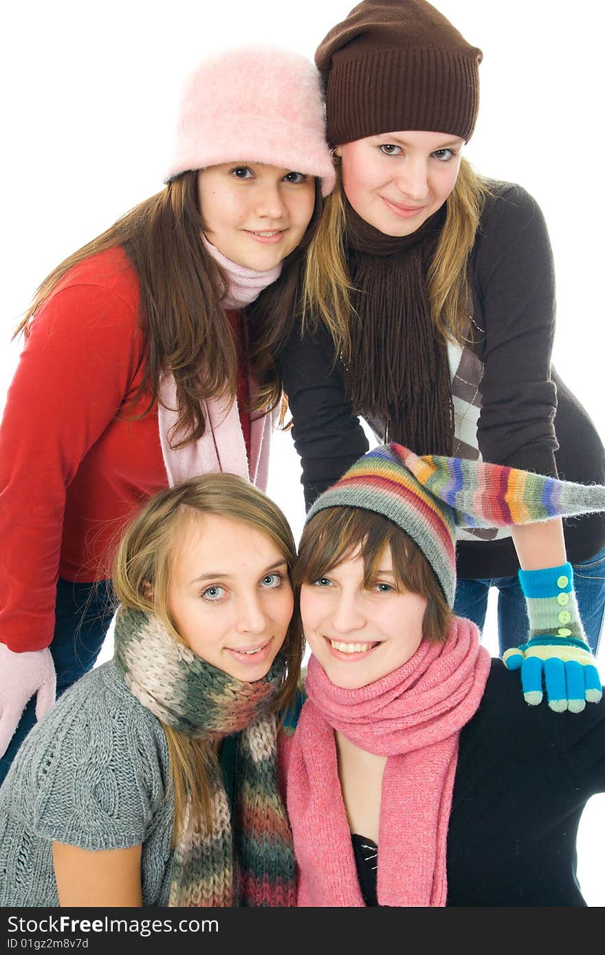 Four attractive girls isolated on a white background