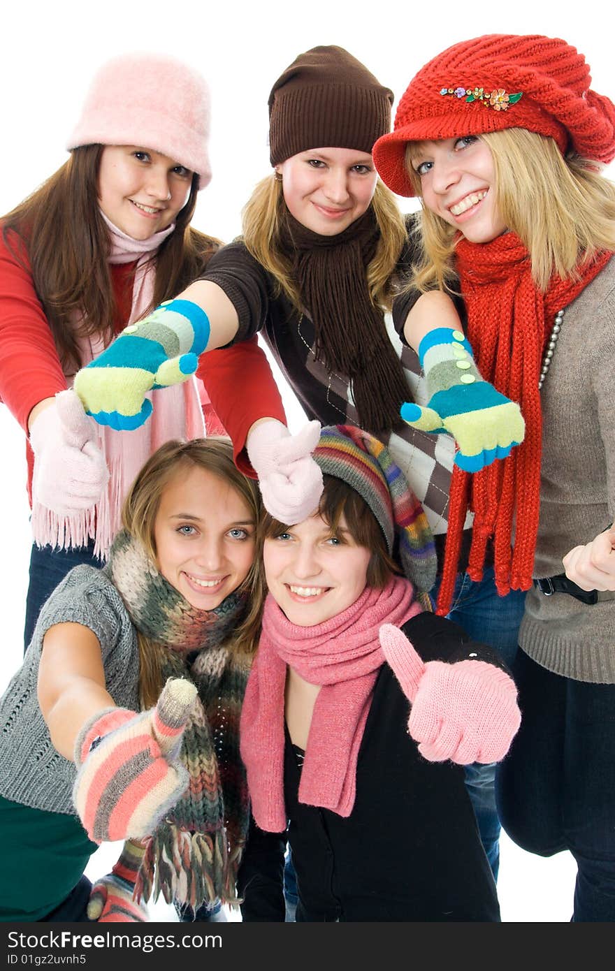 Five attractive girls isolated on a white background