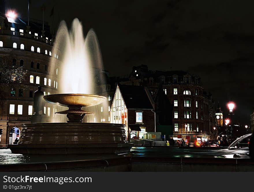 Night sight of one of the fountains of Trafalgar Square in London. Night sight of one of the fountains of Trafalgar Square in London