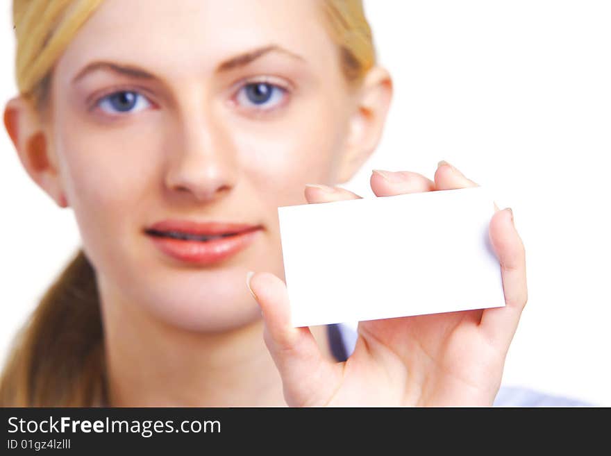 Business Woman holding a blank business card isolated on white
