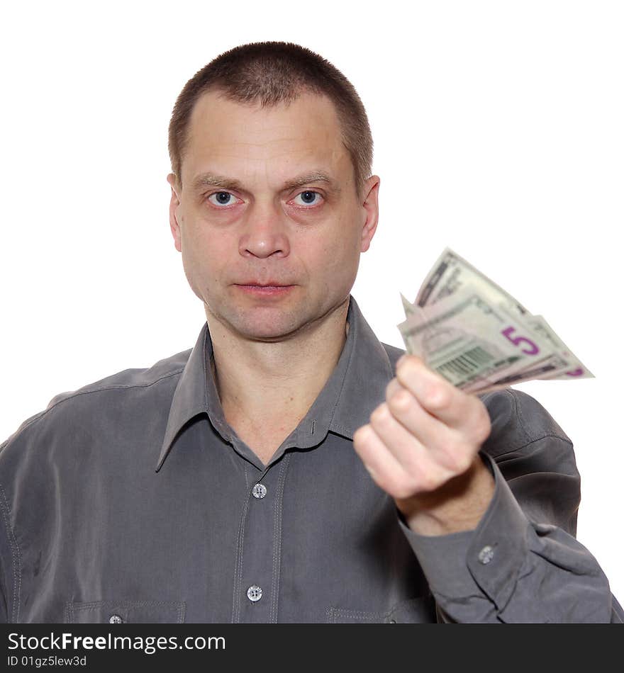 The man holds money in hands. The man holds money in hands