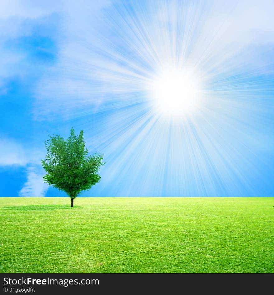 Abstract scene green tree on meadow under blue sparkling sky