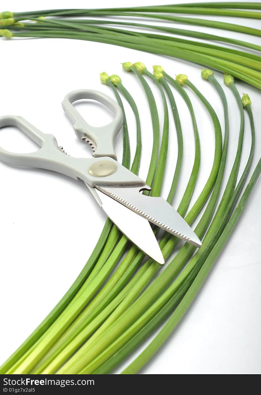 The white background scissor and vegetable. The white background scissor and vegetable