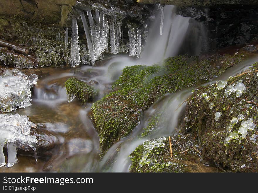 Frozen creek and icicles