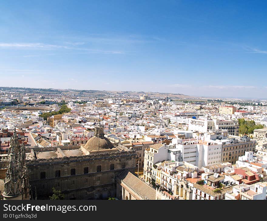 Panoramic view of Sevilla Spain. Landscape. General view or scene of Sevilla city. Tourists attraction in Andalusia. Spain