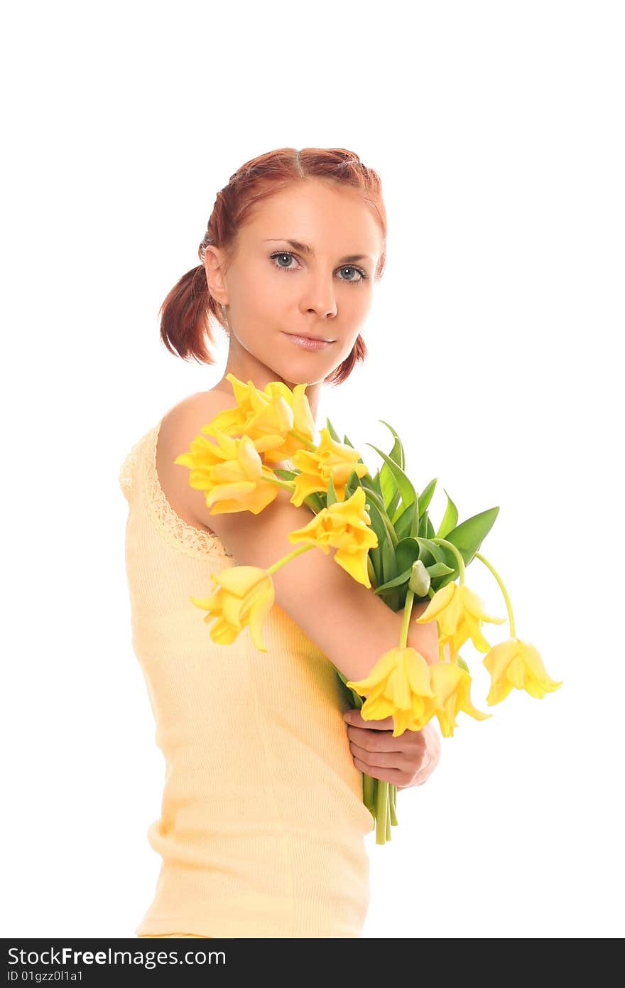 Cute young woman with yellow tulips. Cute young woman with yellow tulips