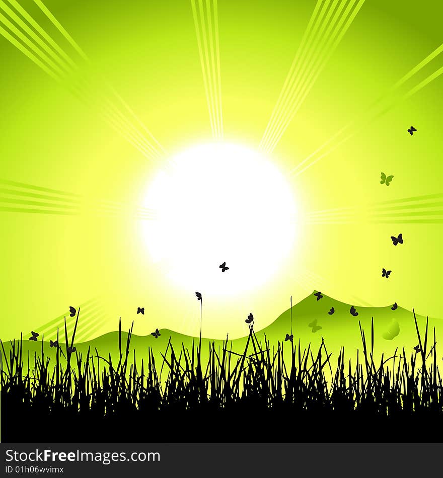 Landscape, nature, grass and butterflies, vector illustration