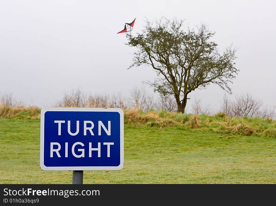 Sign saying turn right and behind in the background a kite is stuck in a tree