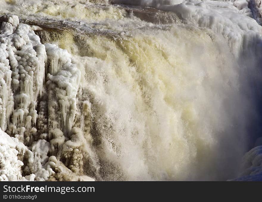 Partly frozen waterfall.