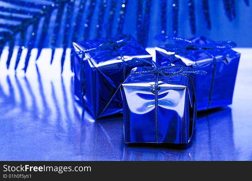 Gift Boxes On Blue Background