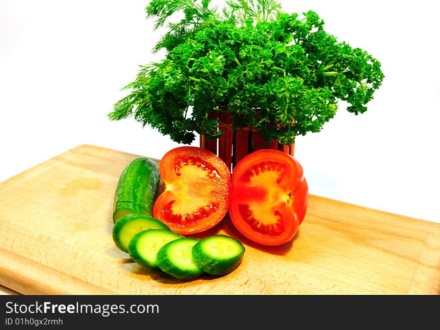 Tomatoes, cucumbers, parsley, salad, kitchen. Tomatoes, cucumbers, parsley, salad, kitchen