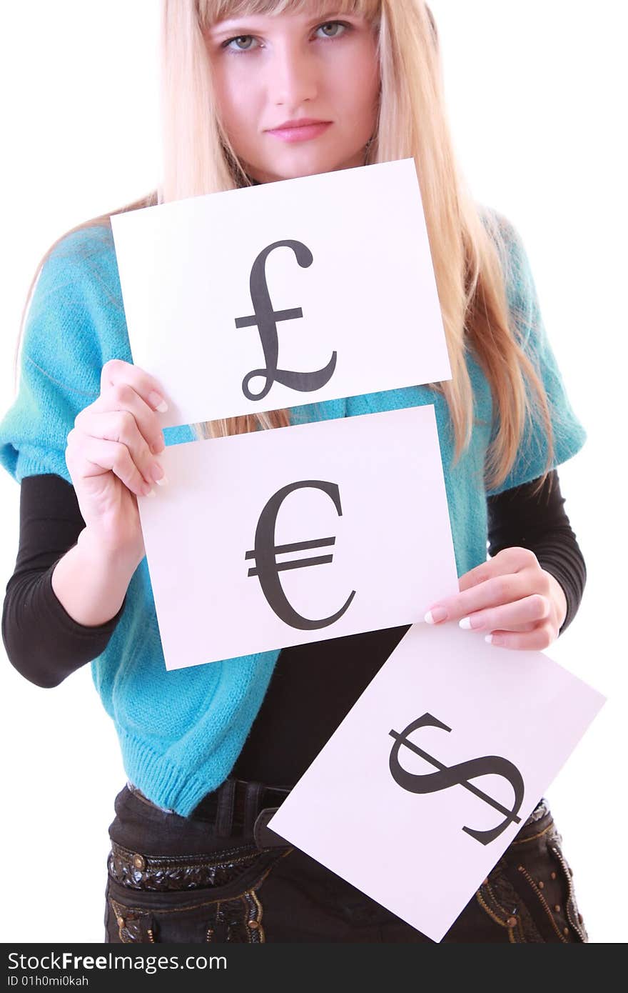 Girl with currency symbol isolated