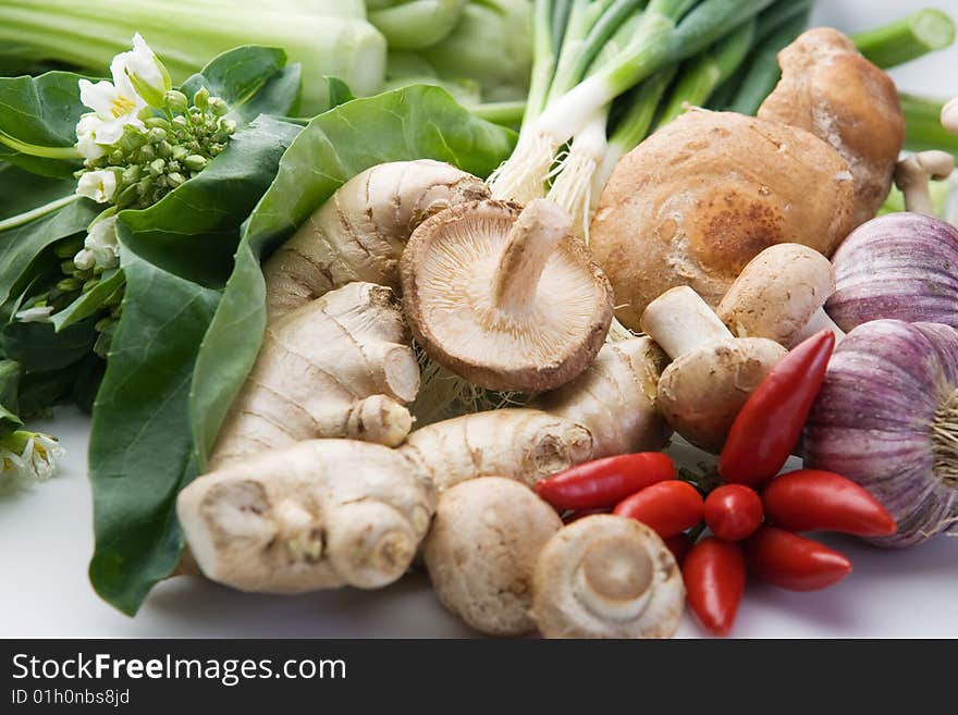 Arrangement of Asian greens and ingredients for a stir-fry. Arrangement of Asian greens and ingredients for a stir-fry