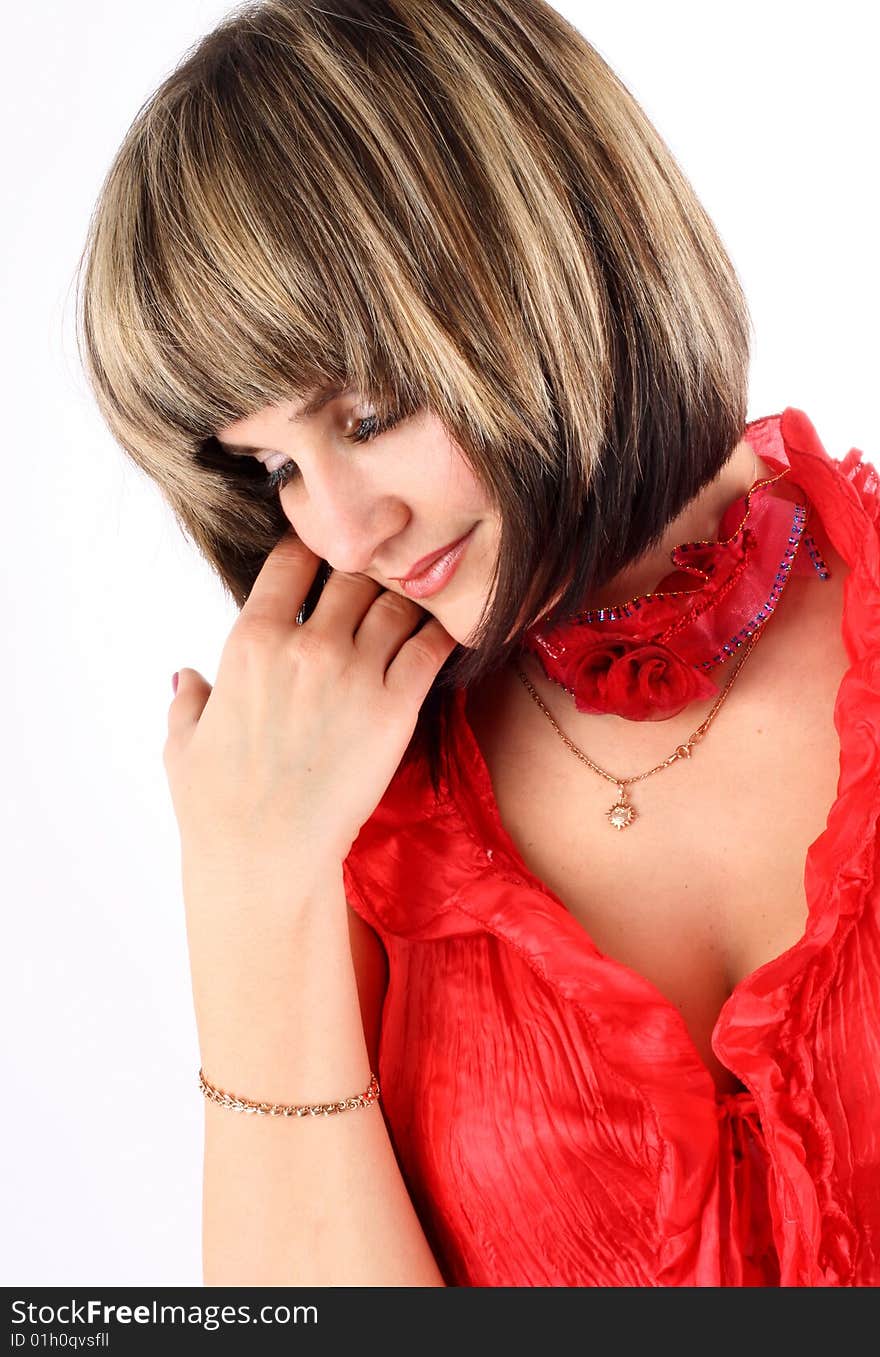 Series of images of the young woman in a red dress