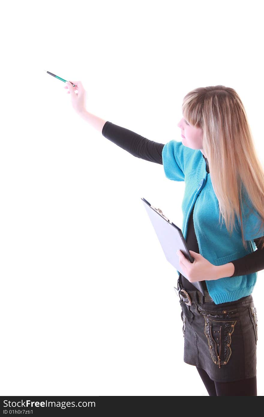 Girl showing something with pen