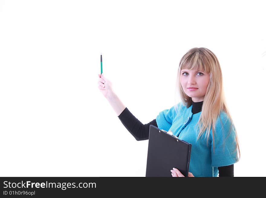 Girl showing something with pen